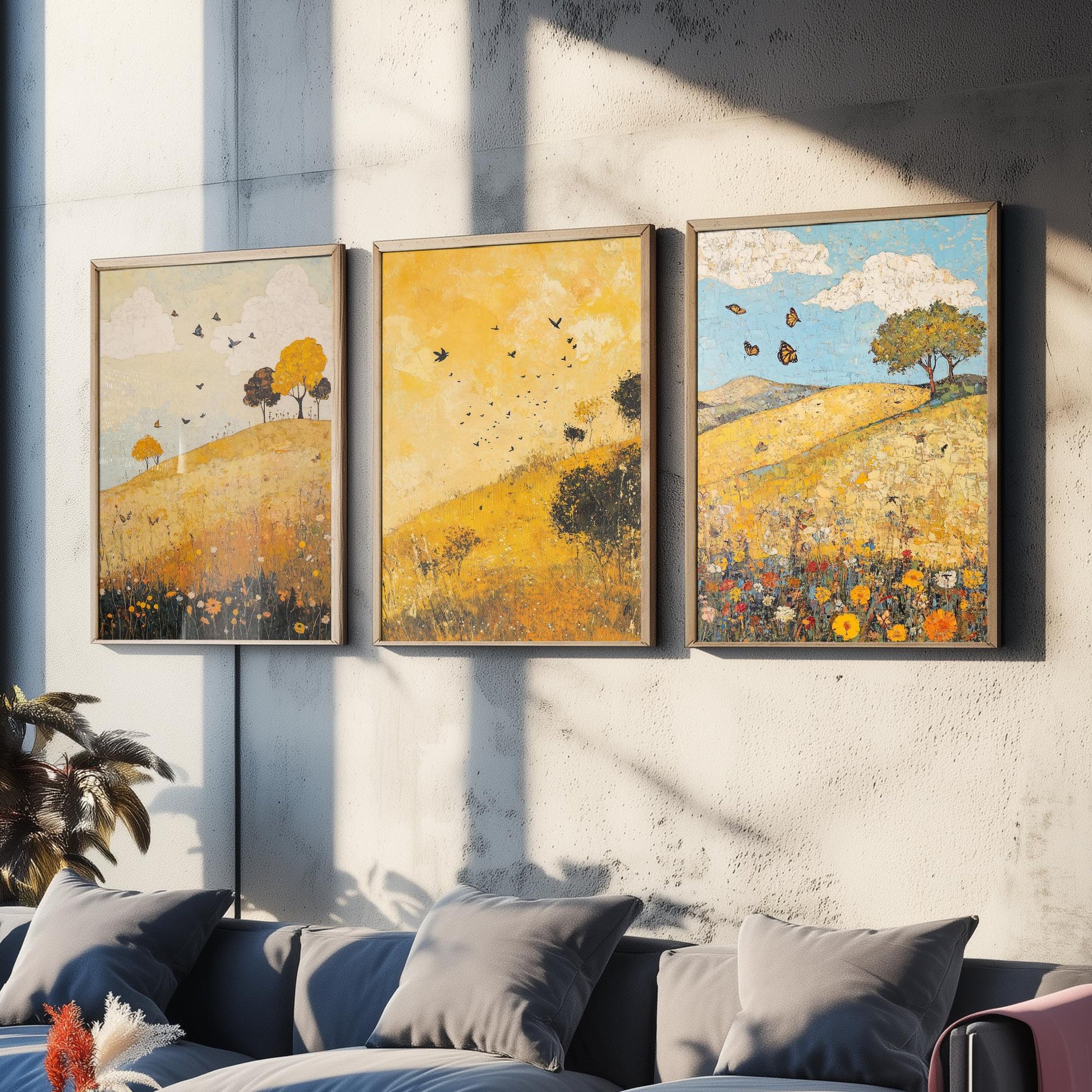 Rolling Hills Butterfly Set of Three Art Prints - Obsidian Lemon and Dust - Folk Meadow Poster Illustration Gift