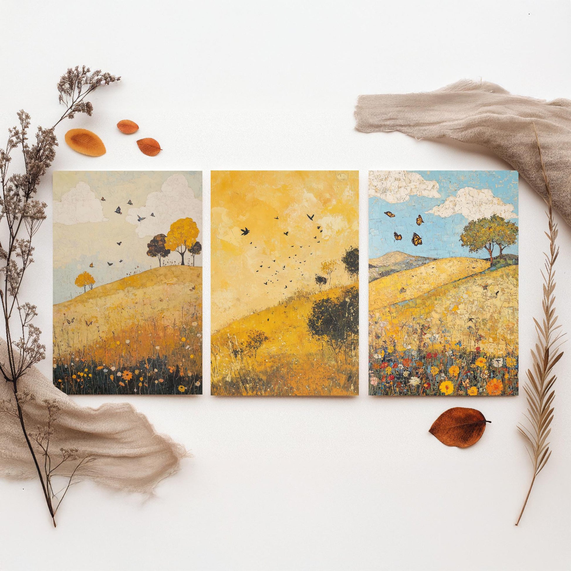 Rolling Hills Butterfly Set of Three Art Prints - Obsidian Lemon and Dust - Folk Meadow Poster Illustration Gift