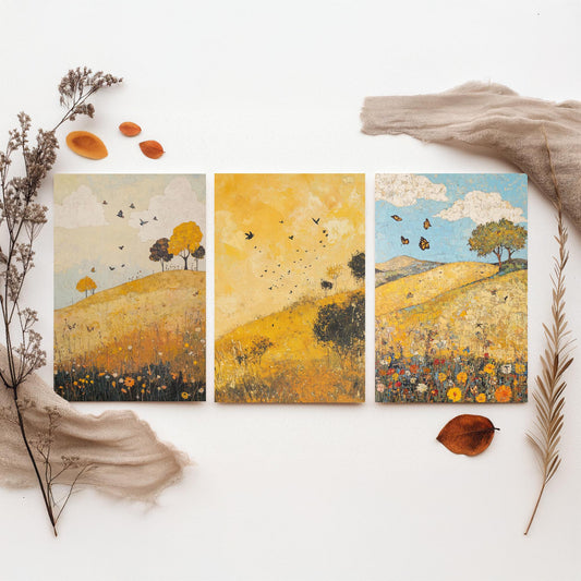 Rolling Hills Butterfly Set of Three Art Prints - Obsidian Lemon and Dust - Folk Meadow Poster Illustration Gift