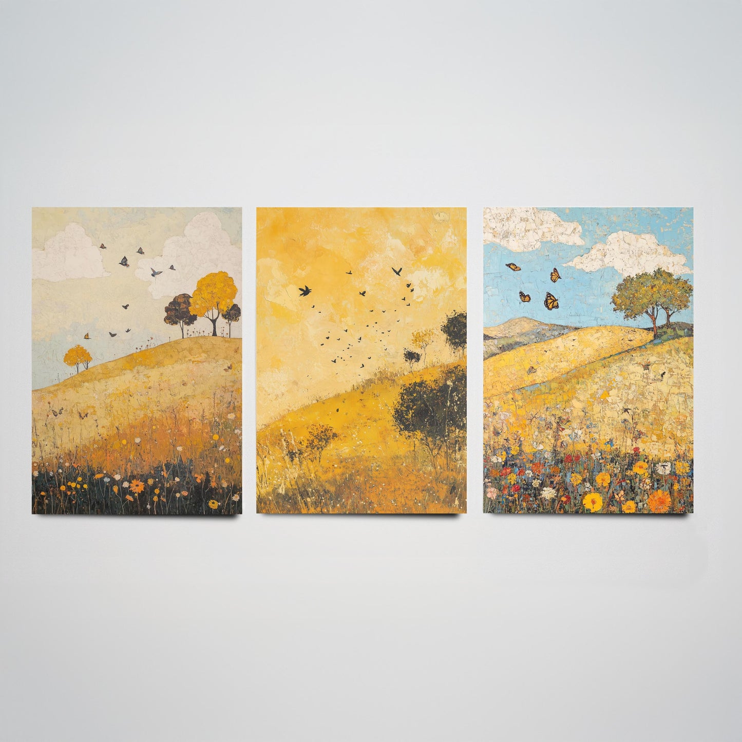Rolling Hills Butterfly Set of Three Art Prints - Obsidian Lemon and Dust - Folk Meadow Poster Illustration Gift