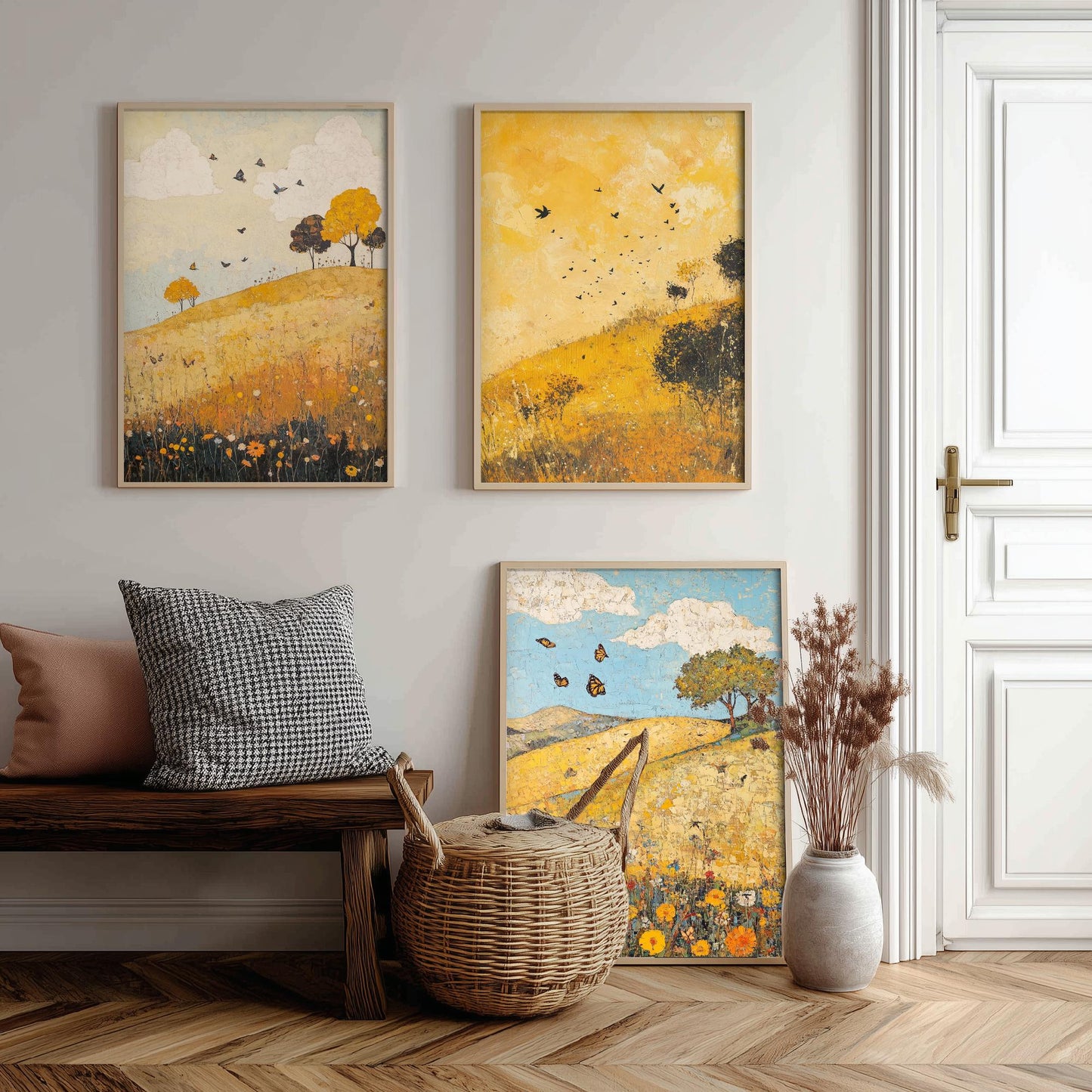 Rolling Hills Butterfly Set of Three Art Prints - Obsidian Lemon and Dust - Folk Meadow Poster Illustration Gift