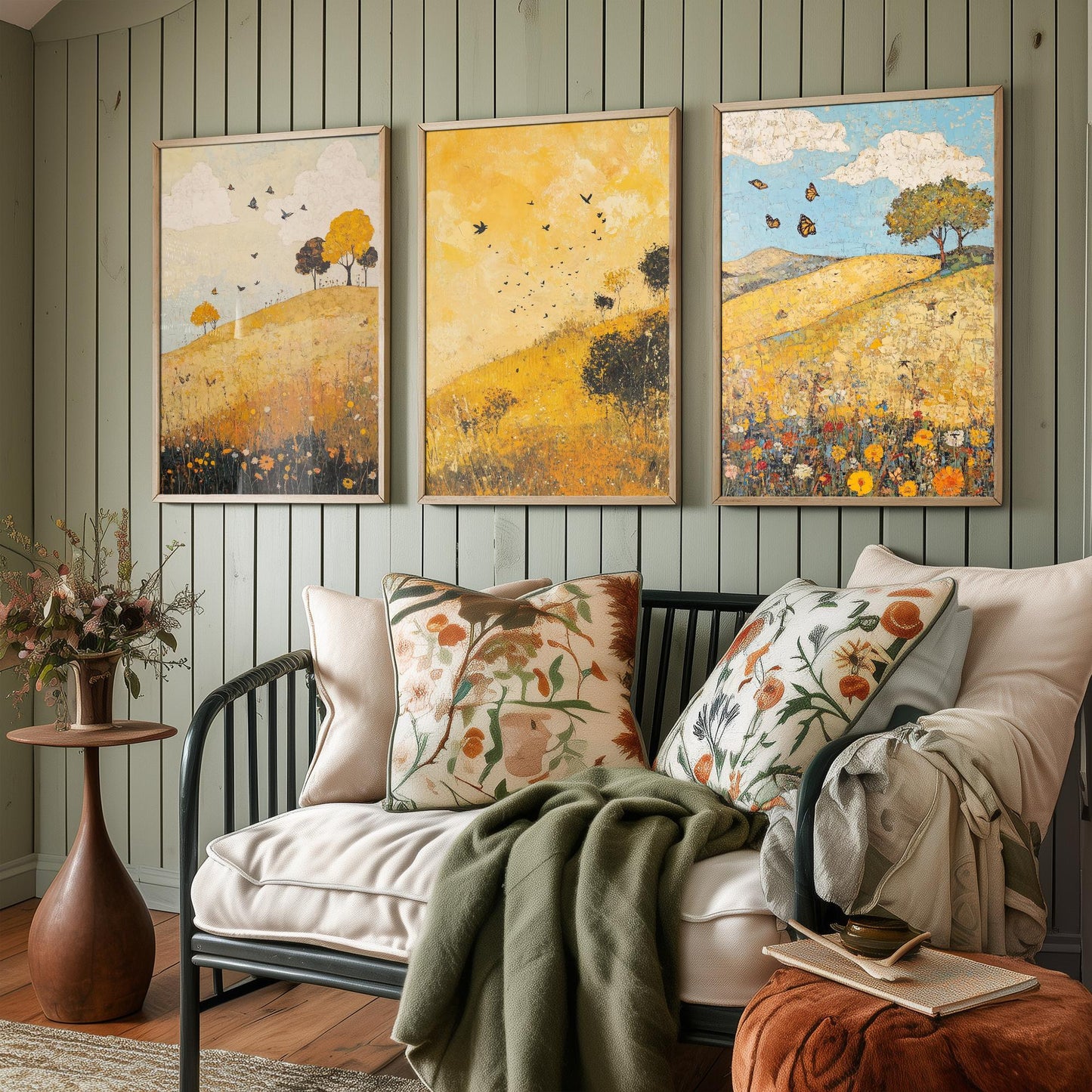 Rolling Hills Butterfly Set of Three Art Prints - Obsidian Lemon and Dust - Folk Meadow Poster Illustration Gift