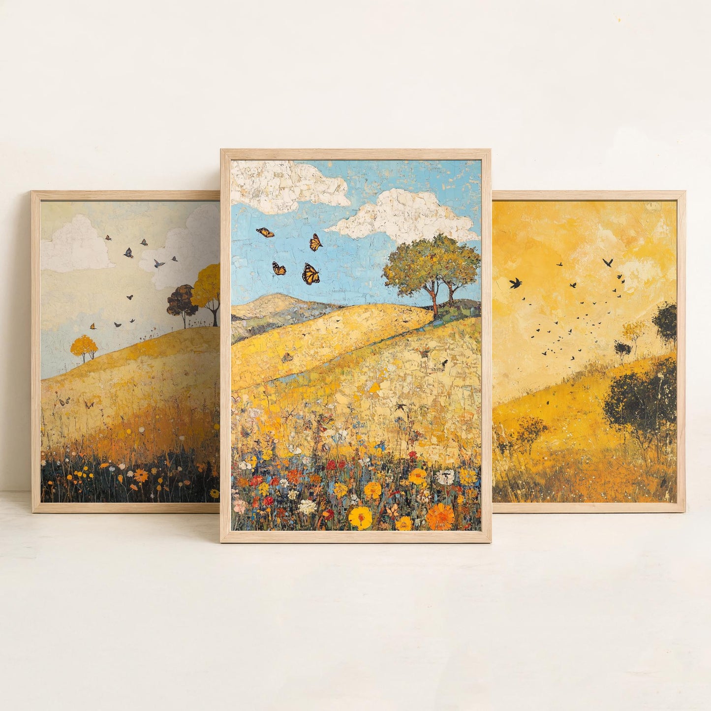 Rolling Hills Butterfly Set of Three Art Prints - Obsidian Lemon and Dust - Folk Meadow Poster Illustration Gift