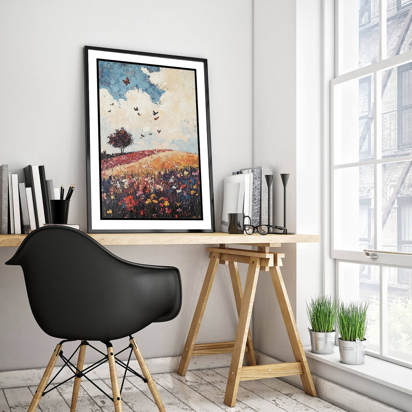 Rolling Hills Landscape Art Print - Butterfly Meadow Poster - Folk Art Painting - Olive Maroon and Dark Blue 1/3