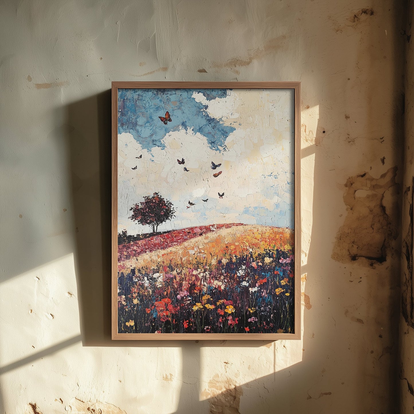 Rolling Hills Landscape Art Print - Butterfly Meadow Poster - Folk Art Painting - Olive Maroon and Dark Blue 1/3