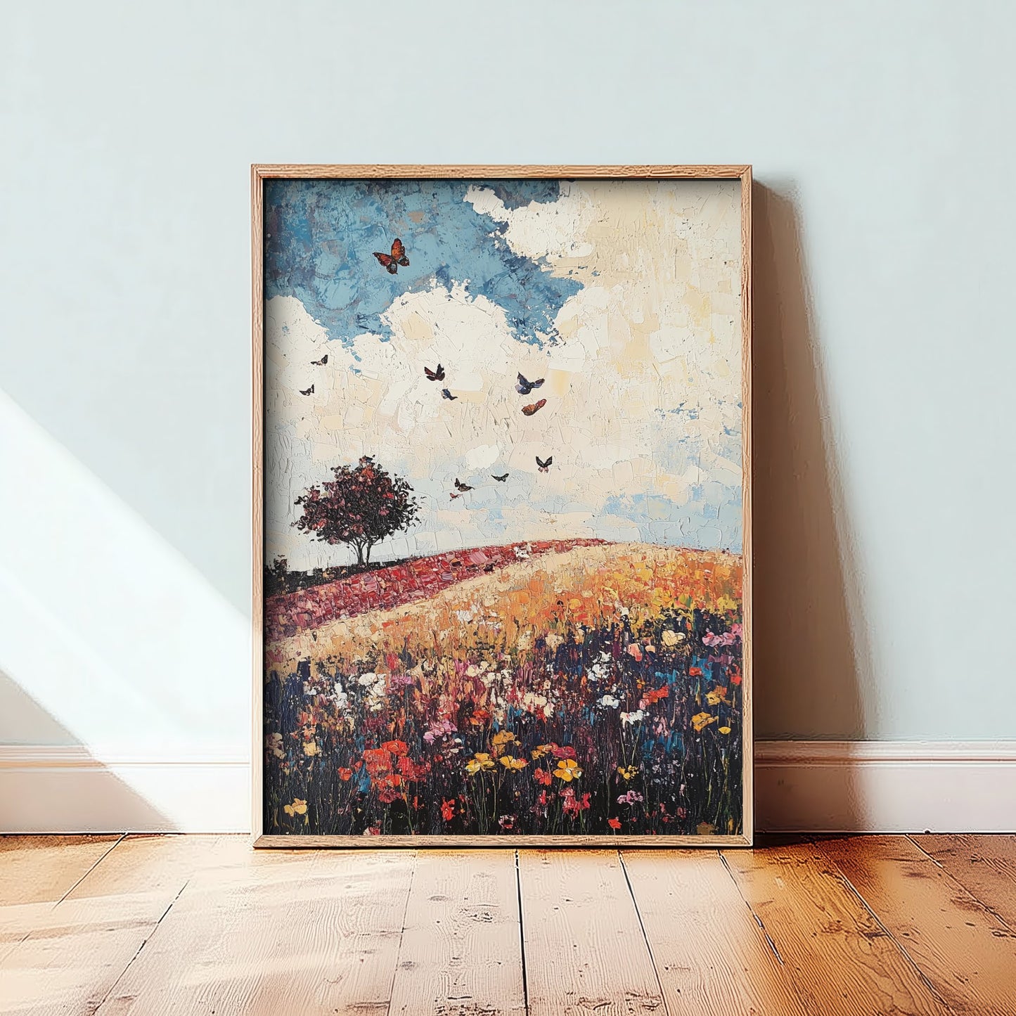 Rolling Hills Landscape Art Print - Butterfly Meadow Poster - Folk Art Painting - Olive Maroon and Dark Blue 1/3