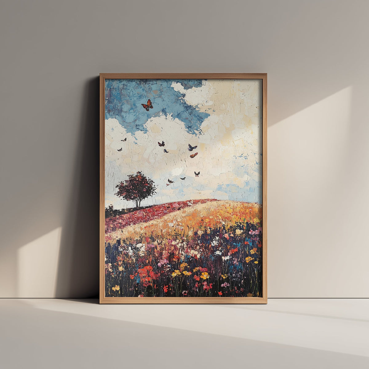 Rolling Hills Landscape Art Print - Butterfly Meadow Poster - Folk Art Painting - Olive Maroon and Dark Blue 1/3