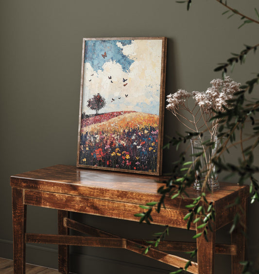 Rolling Hills Landscape Art Print - Butterfly Meadow Poster - Folk Art Painting - Olive Maroon and Dark Blue 1/3
