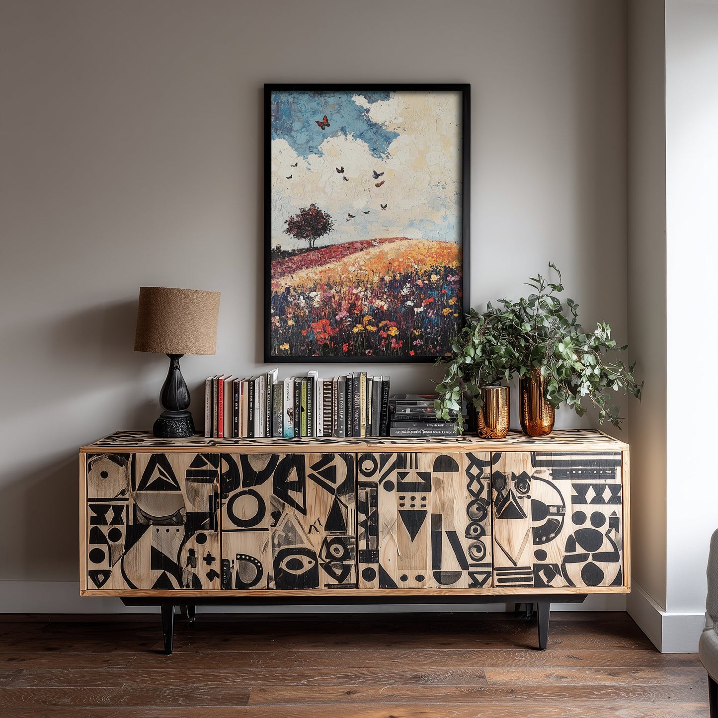 Rolling Hills Landscape Art Print - Butterfly Meadow Poster - Folk Art Painting - Olive Maroon and Dark Blue 1/3