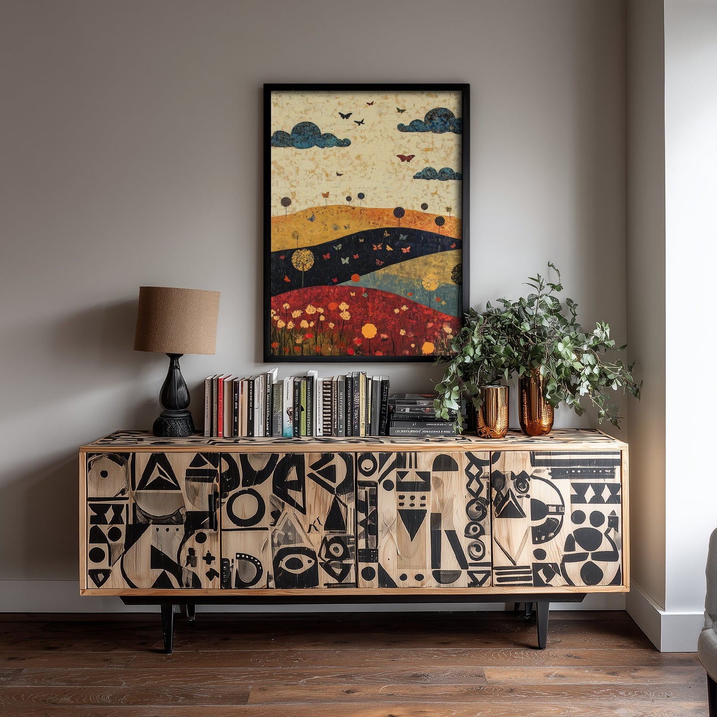 Rolling Hills Landscape Art Print - Butterfly Meadow Poster - Folk Art Painting - Olive Maroon and Dark Blue 2/3