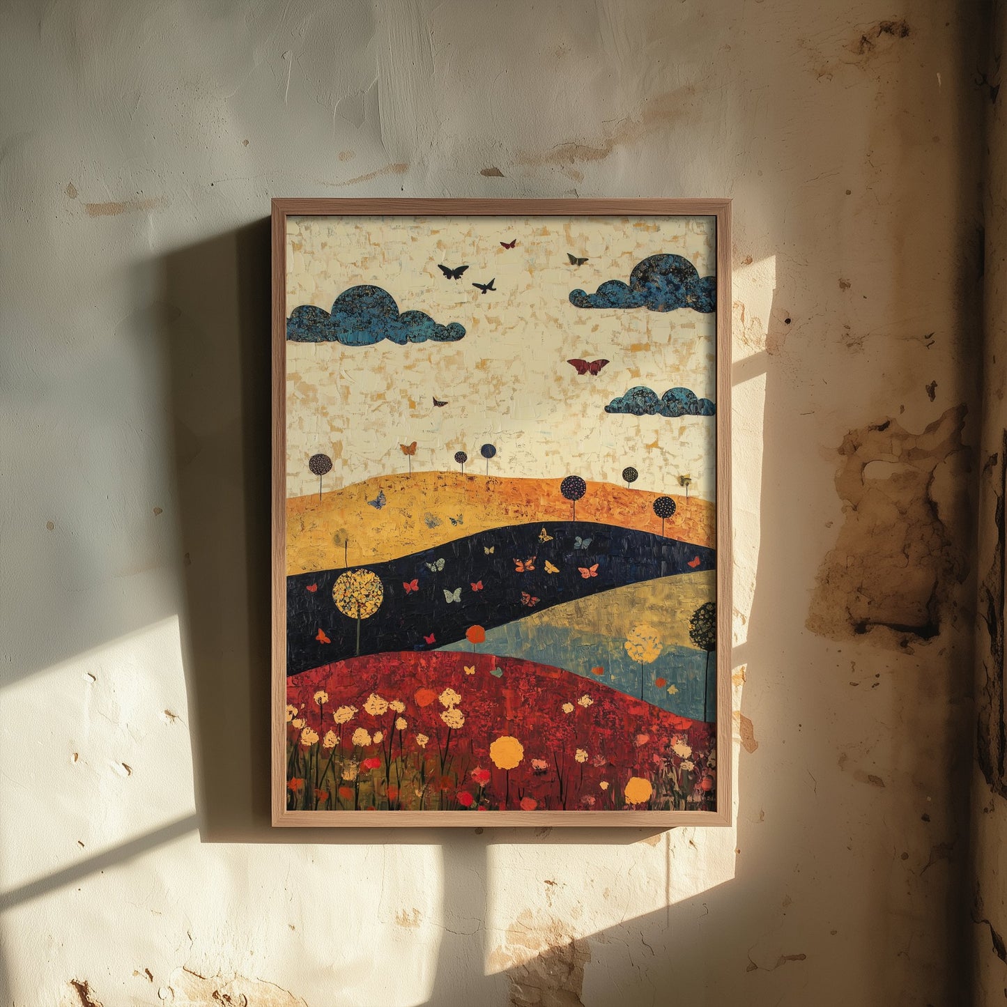 Rolling Hills Landscape Art Print - Butterfly Meadow Poster - Folk Art Painting - Olive Maroon and Dark Blue 2/3