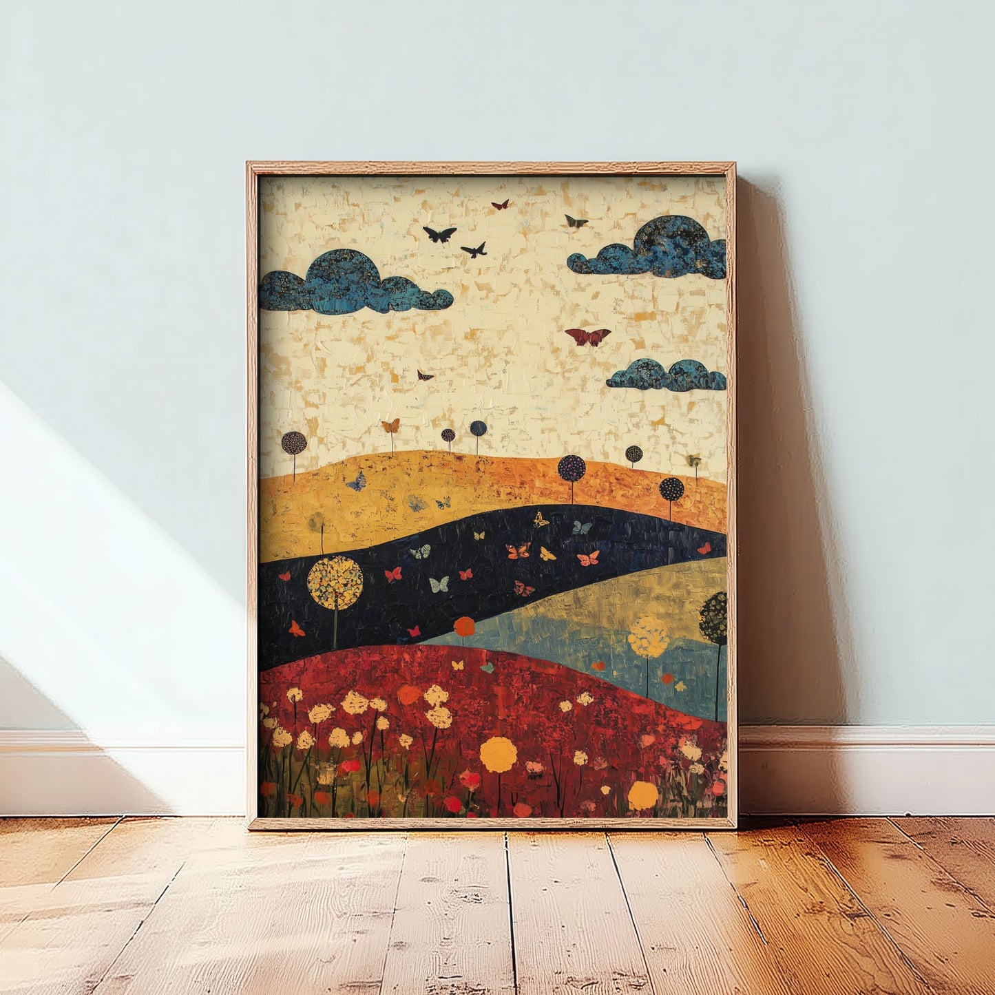 Rolling Hills Landscape Art Print - Butterfly Meadow Poster - Folk Art Painting - Olive Maroon and Dark Blue 2/3