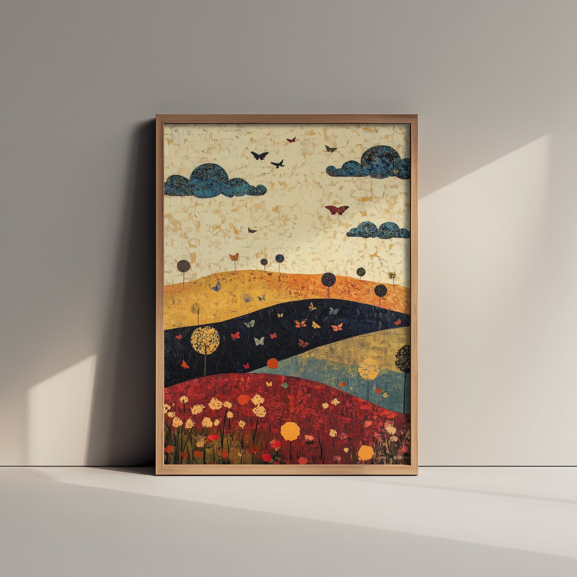 Rolling Hills Landscape Art Print - Butterfly Meadow Poster - Folk Art Painting - Olive Maroon and Dark Blue 2/3