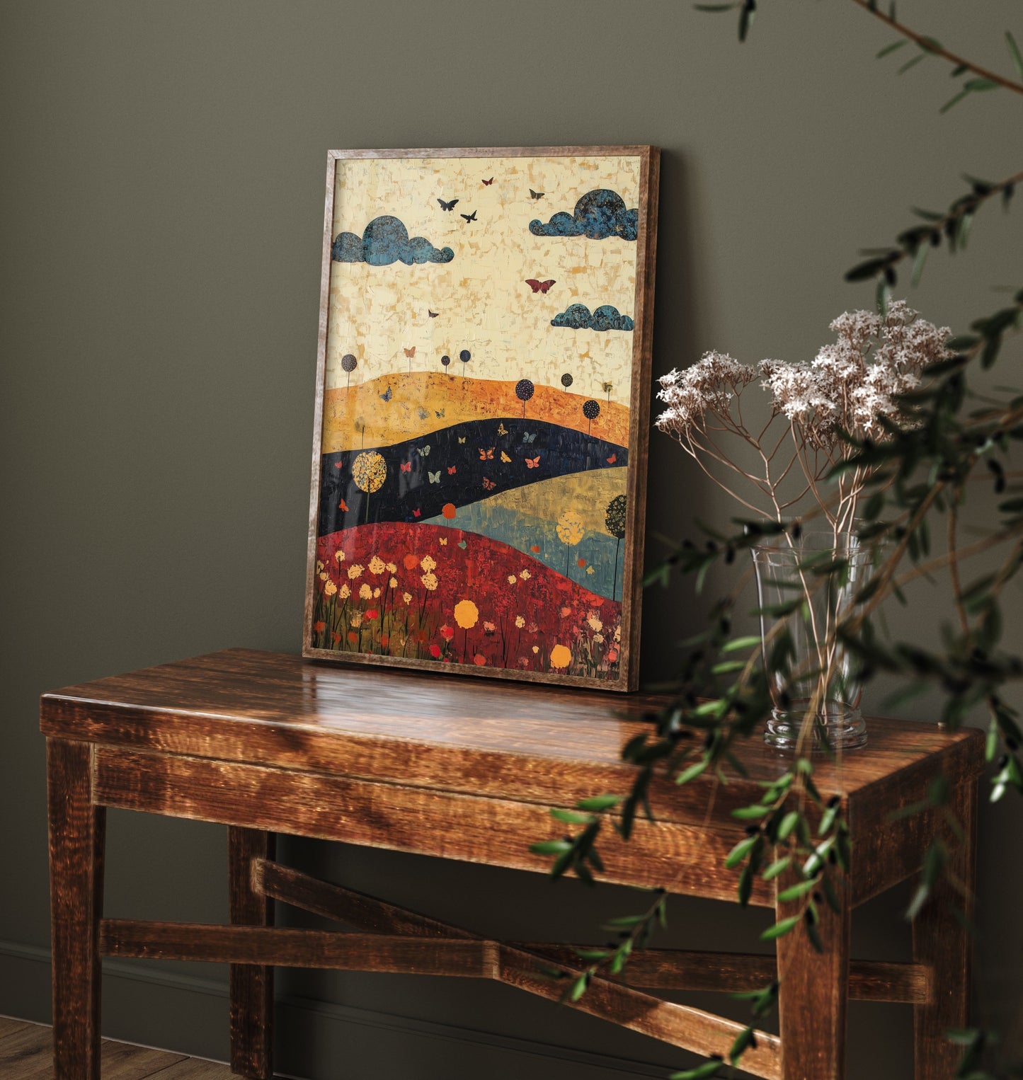 Rolling Hills Landscape Art Print - Butterfly Meadow Poster - Folk Art Painting - Olive Maroon and Dark Blue 2/3