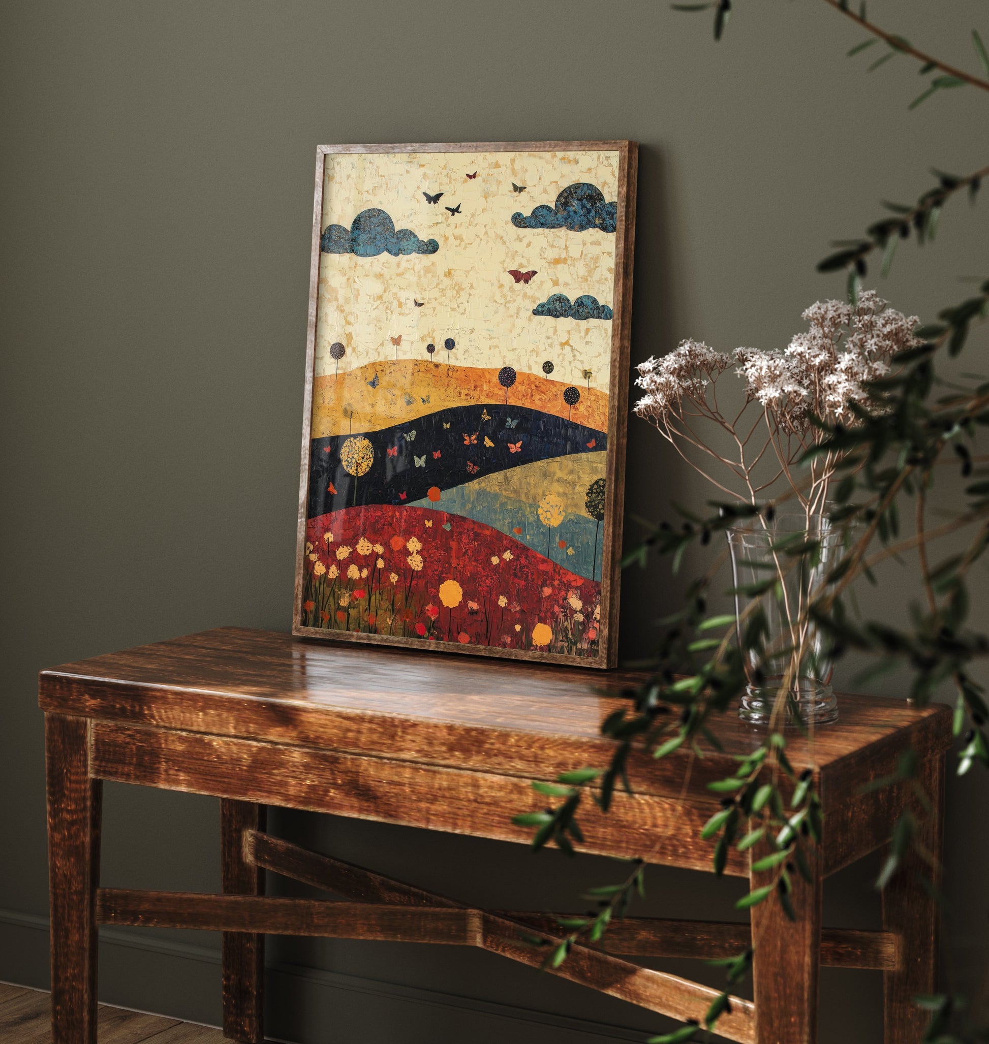 Rolling Hills Landscape Art Print - Butterfly Meadow Poster - Folk Art Painting - Olive Maroon and Dark Blue 2/3