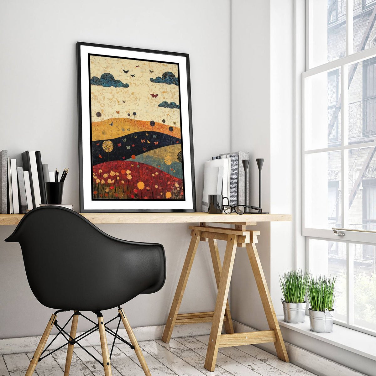 Rolling Hills Landscape Art Print - Butterfly Meadow Poster - Folk Art Painting - Olive Maroon and Dark Blue 2/3