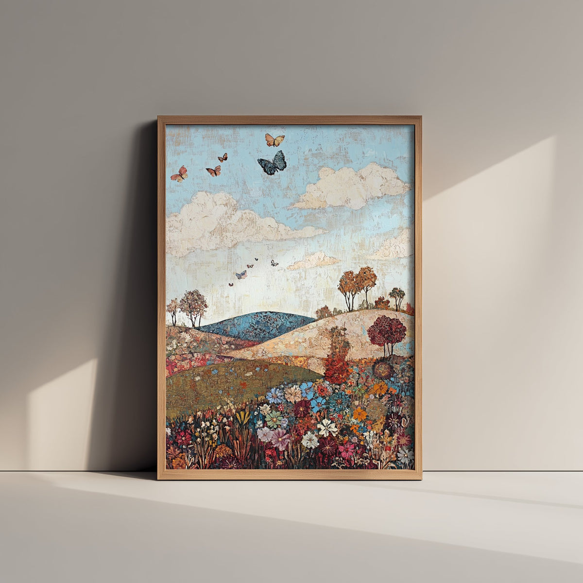 Rolling Hills Landscape Art Print - Butterfly Meadow Poster - Folk Art Painting - Olive Maroon and Dark Blue 3/3