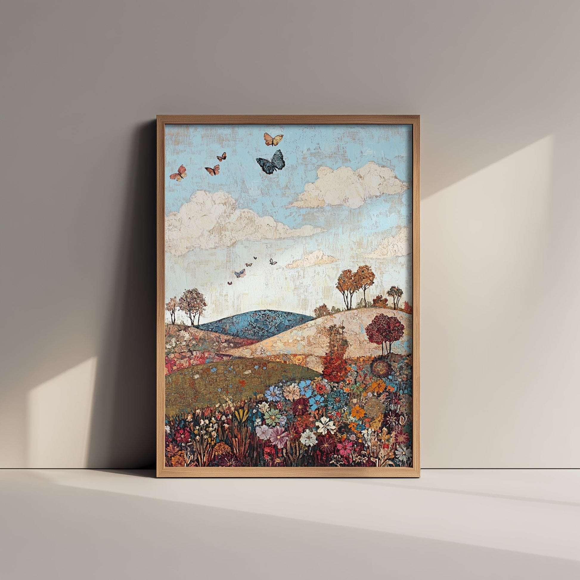 Rolling Hills Landscape Art Print - Butterfly Meadow Poster - Folk Art Painting - Olive Maroon and Dark Blue 3/3