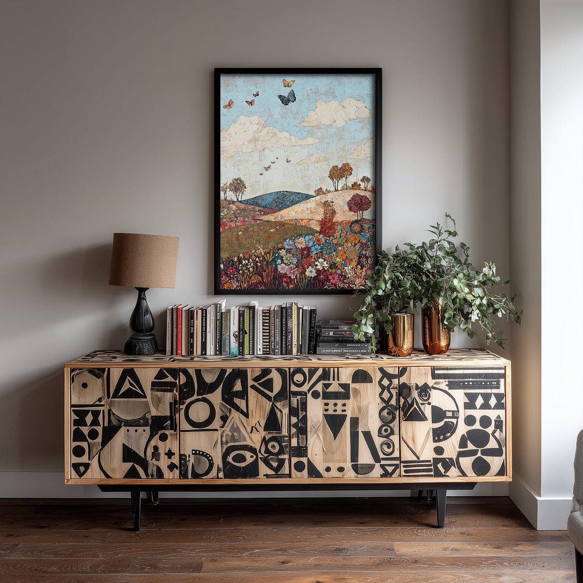 Rolling Hills Landscape Art Print - Butterfly Meadow Poster - Folk Art Painting - Olive Maroon and Dark Blue 3/3