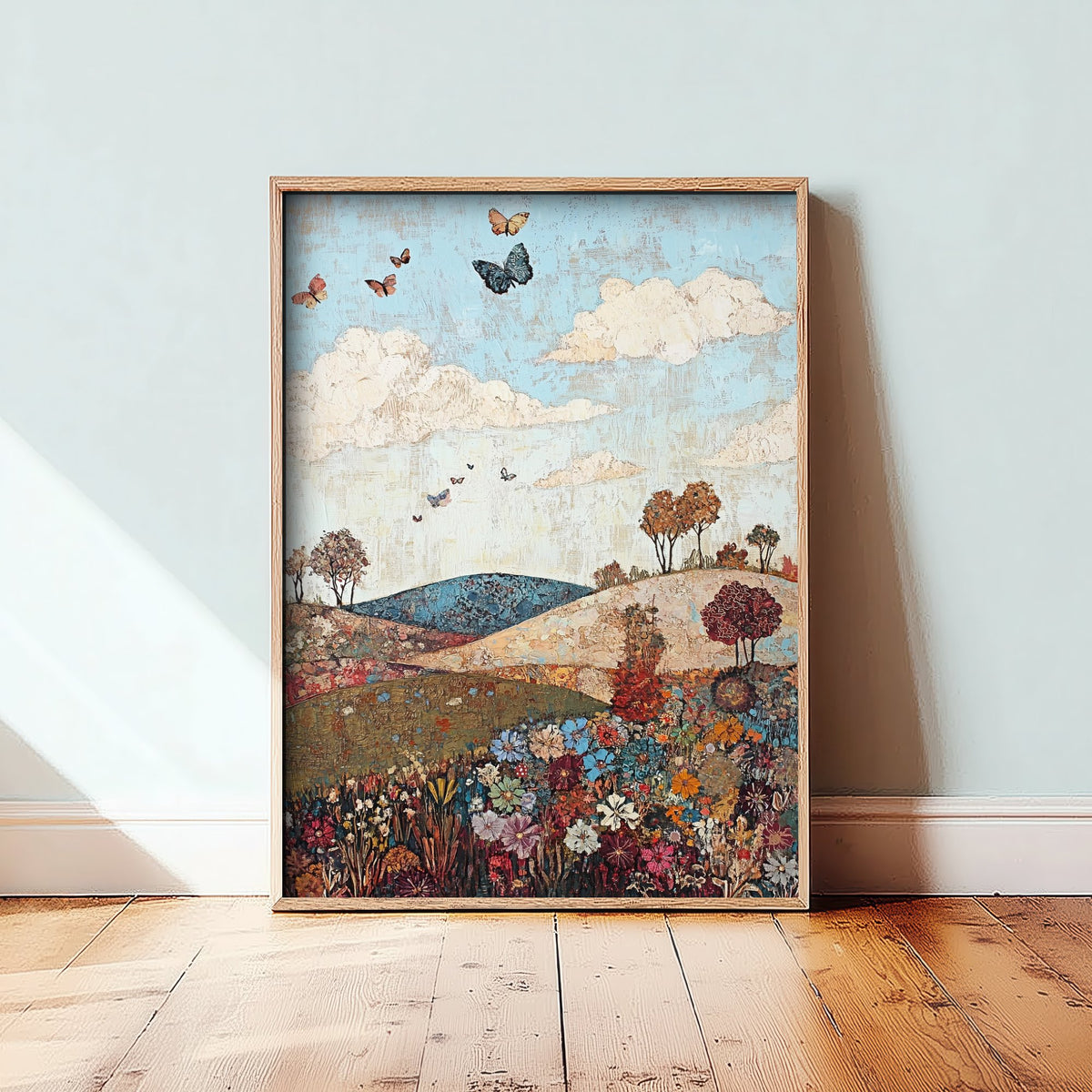 Rolling Hills Landscape Art Print - Butterfly Meadow Poster - Folk Art Painting - Olive Maroon and Dark Blue 3/3