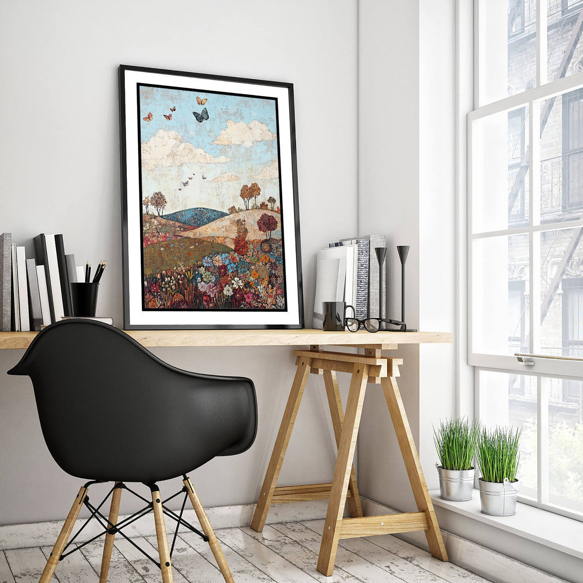 Rolling Hills Landscape Art Print - Butterfly Meadow Poster - Folk Art Painting - Olive Maroon and Dark Blue 3/3
