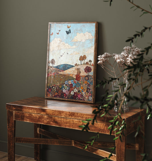 Rolling Hills Landscape Art Print - Butterfly Meadow Poster - Folk Art Painting - Olive Maroon and Dark Blue 3/3