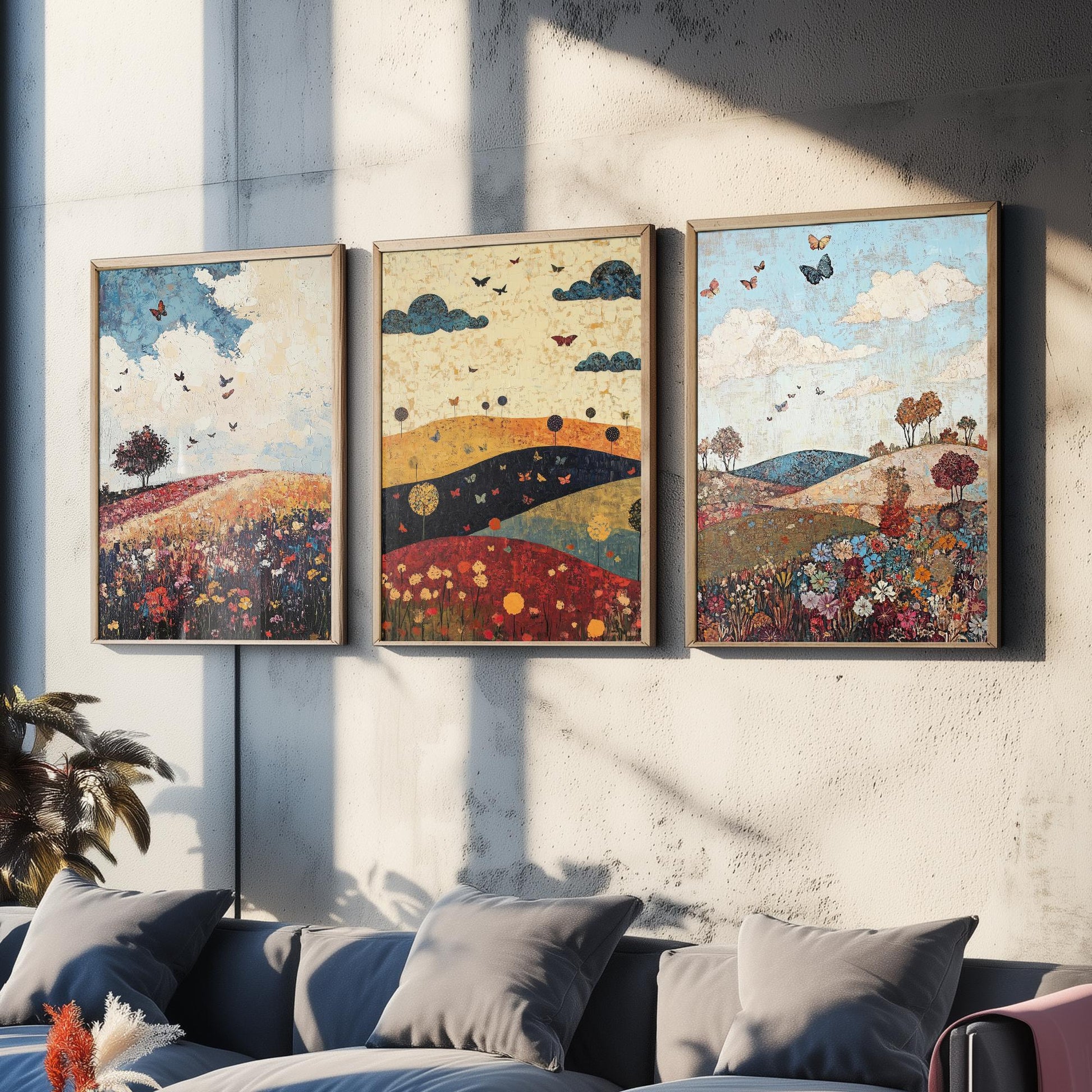 Rolling Hills Butterfly Set of Three Art Prints - Olive Maroon and Dark Blue - Folk Meadow Poster Illustration Gift