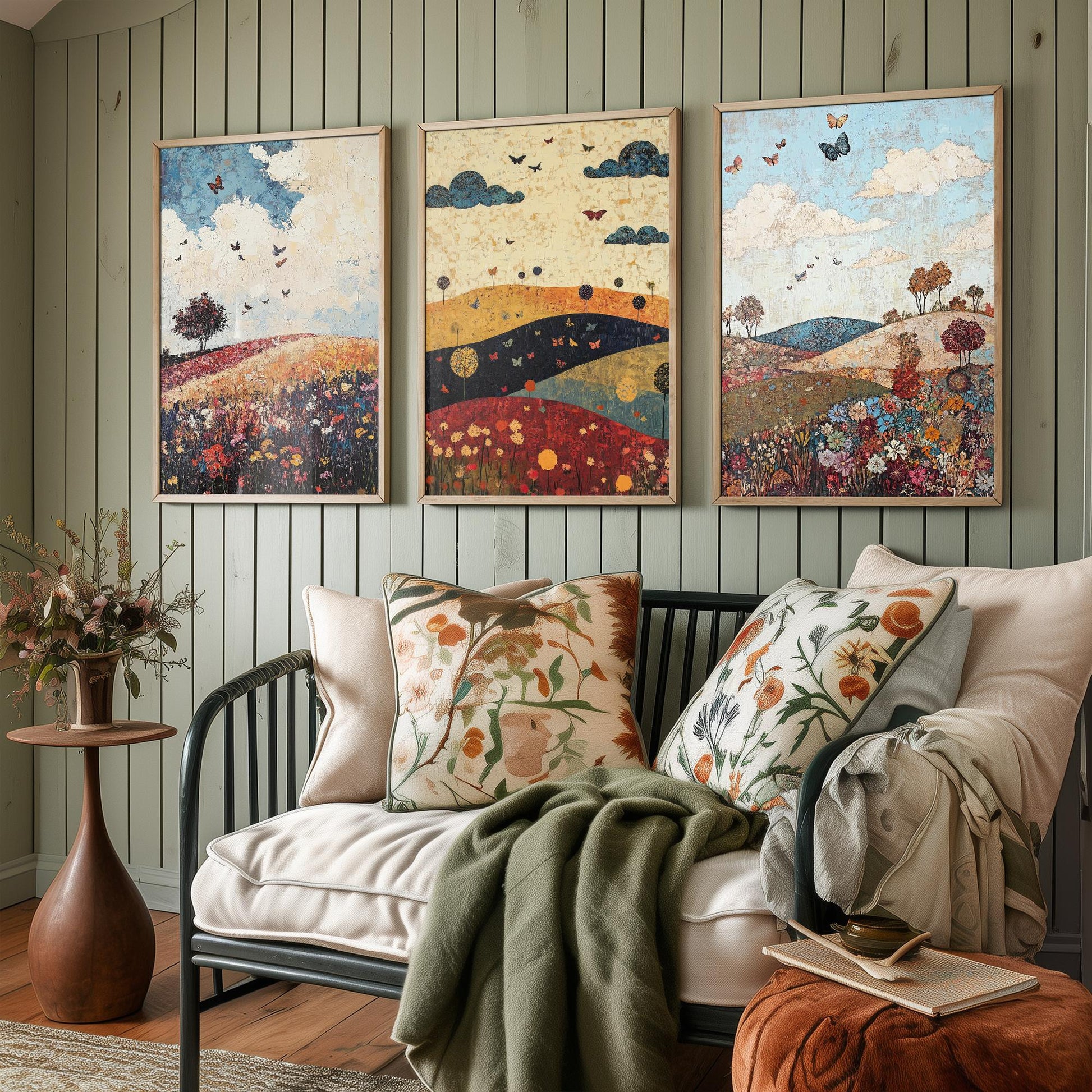 Rolling Hills Butterfly Set of Three Art Prints - Olive Maroon and Dark Blue - Folk Meadow Poster Illustration Gift