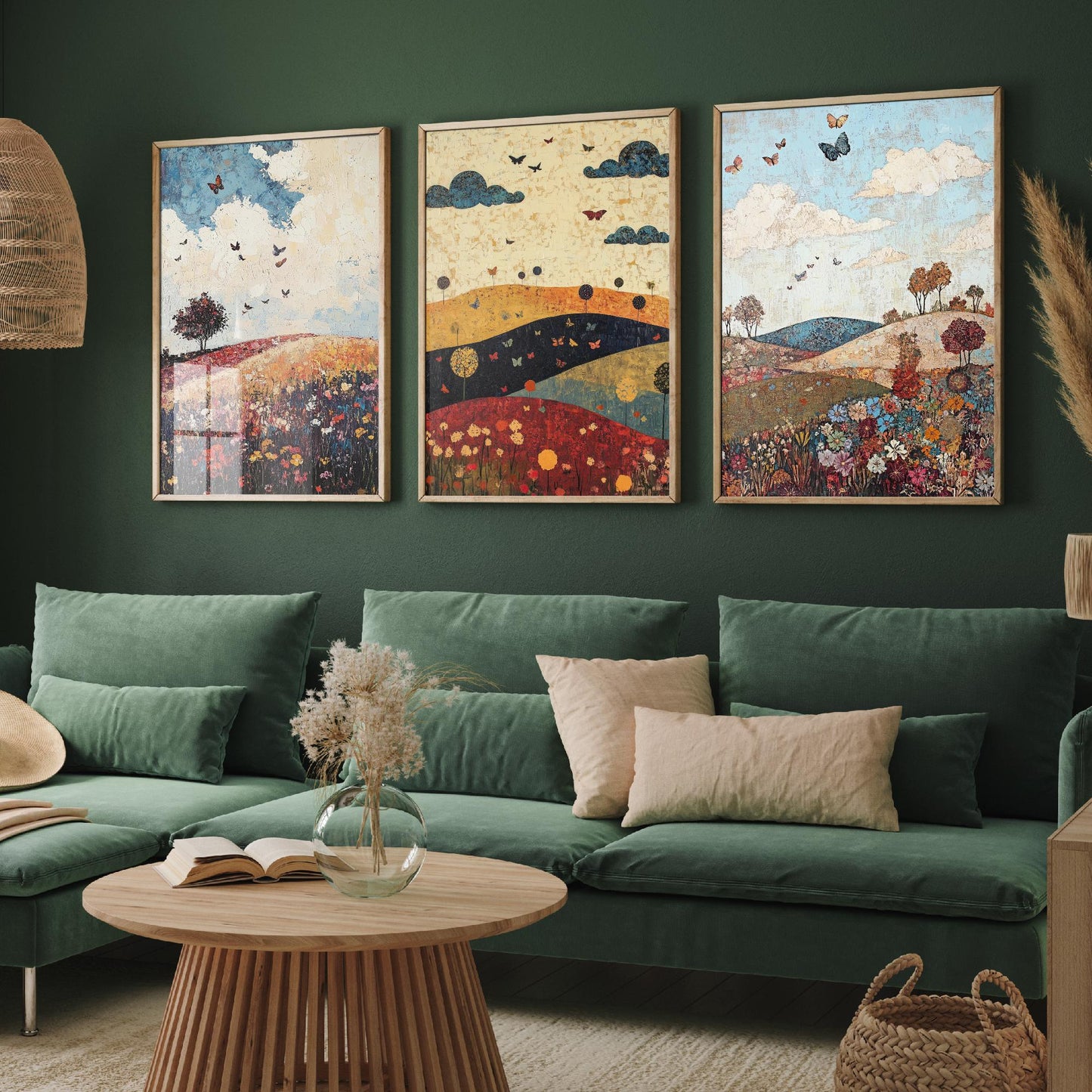 Rolling Hills Butterfly Set of Three Art Prints - Olive Maroon and Dark Blue - Folk Meadow Poster Illustration Gift