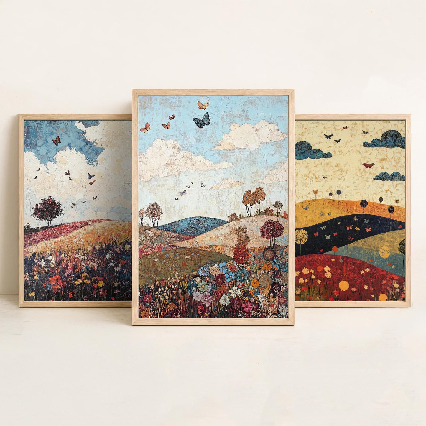 Rolling Hills Butterfly Set of Three Art Prints - Olive Maroon and Dark Blue - Folk Meadow Poster Illustration Gift