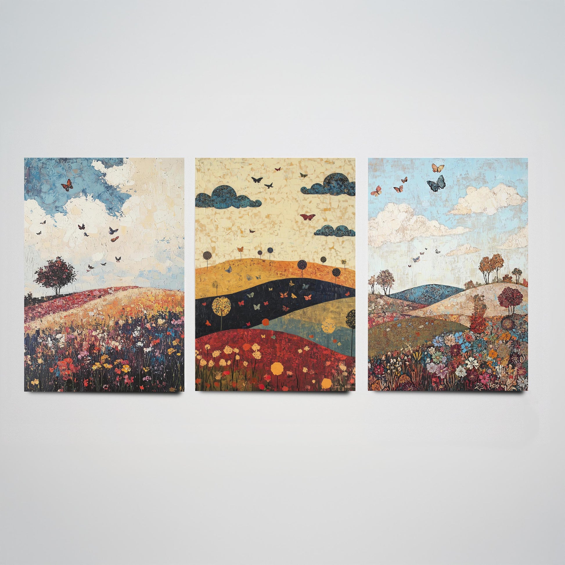 Rolling Hills Butterfly Set of Three Art Prints - Olive Maroon and Dark Blue - Folk Meadow Poster Illustration Gift