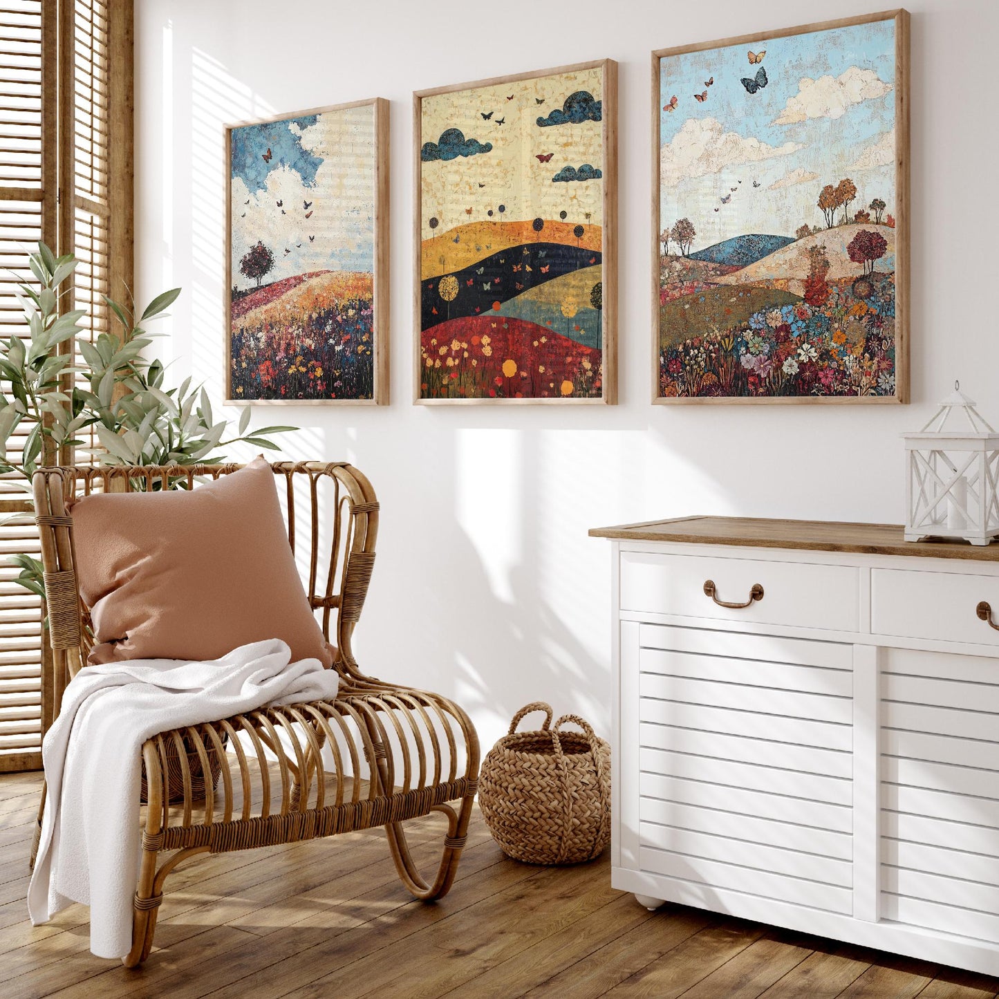 Rolling Hills Butterfly Set of Three Art Prints - Olive Maroon and Dark Blue - Folk Meadow Poster Illustration Gift