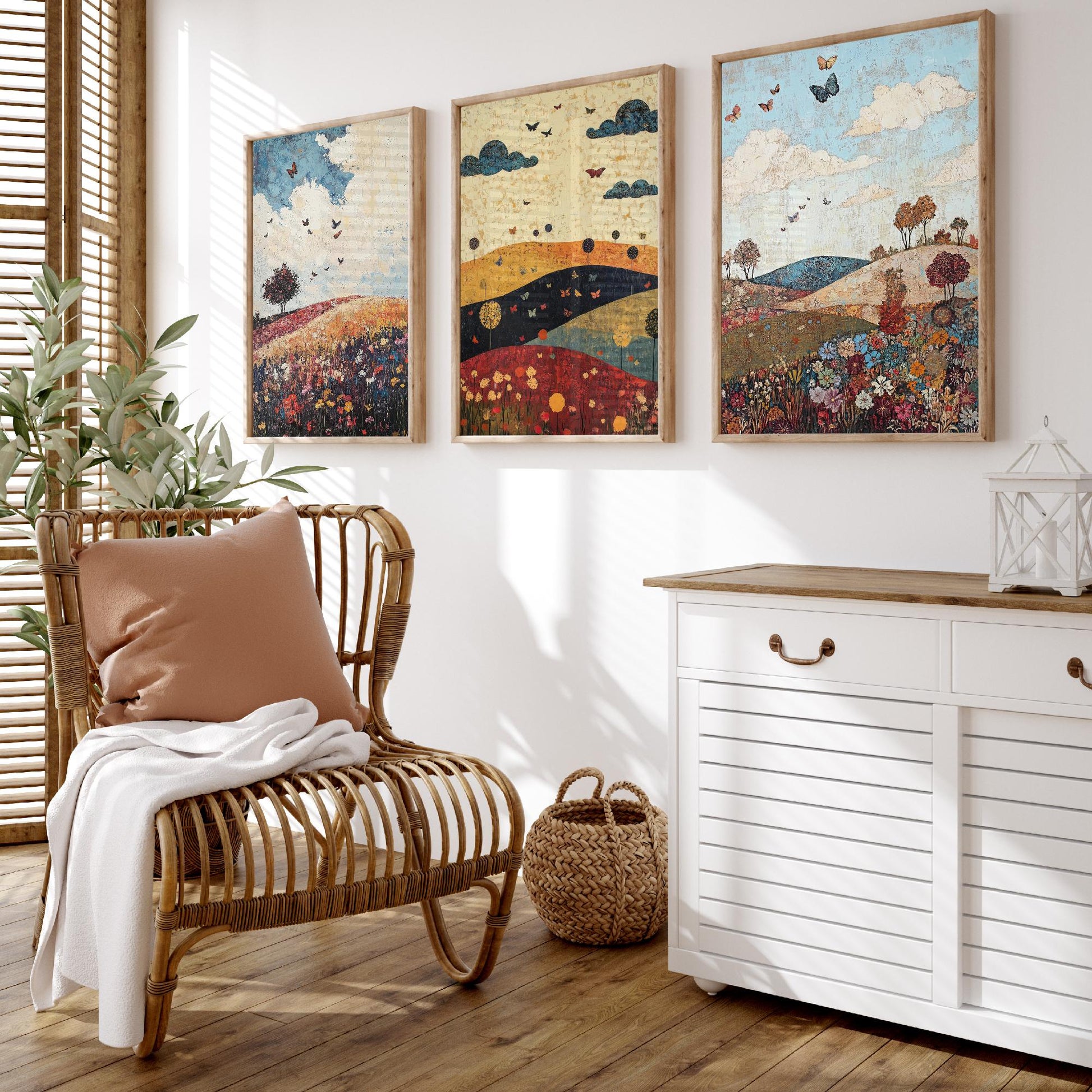 Rolling Hills Butterfly Set of Three Art Prints - Olive Maroon and Dark Blue - Folk Meadow Poster Illustration Gift