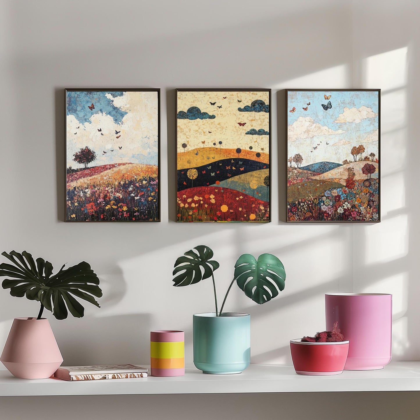 Rolling Hills Butterfly Set of Three Art Prints - Olive Maroon and Dark Blue - Folk Meadow Poster Illustration Gift