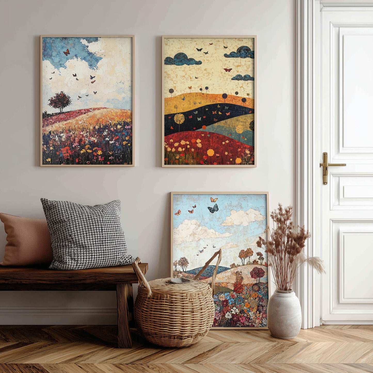 Rolling Hills Butterfly Set of Three Art Prints - Olive Maroon and Dark Blue - Folk Meadow Poster Illustration Gift