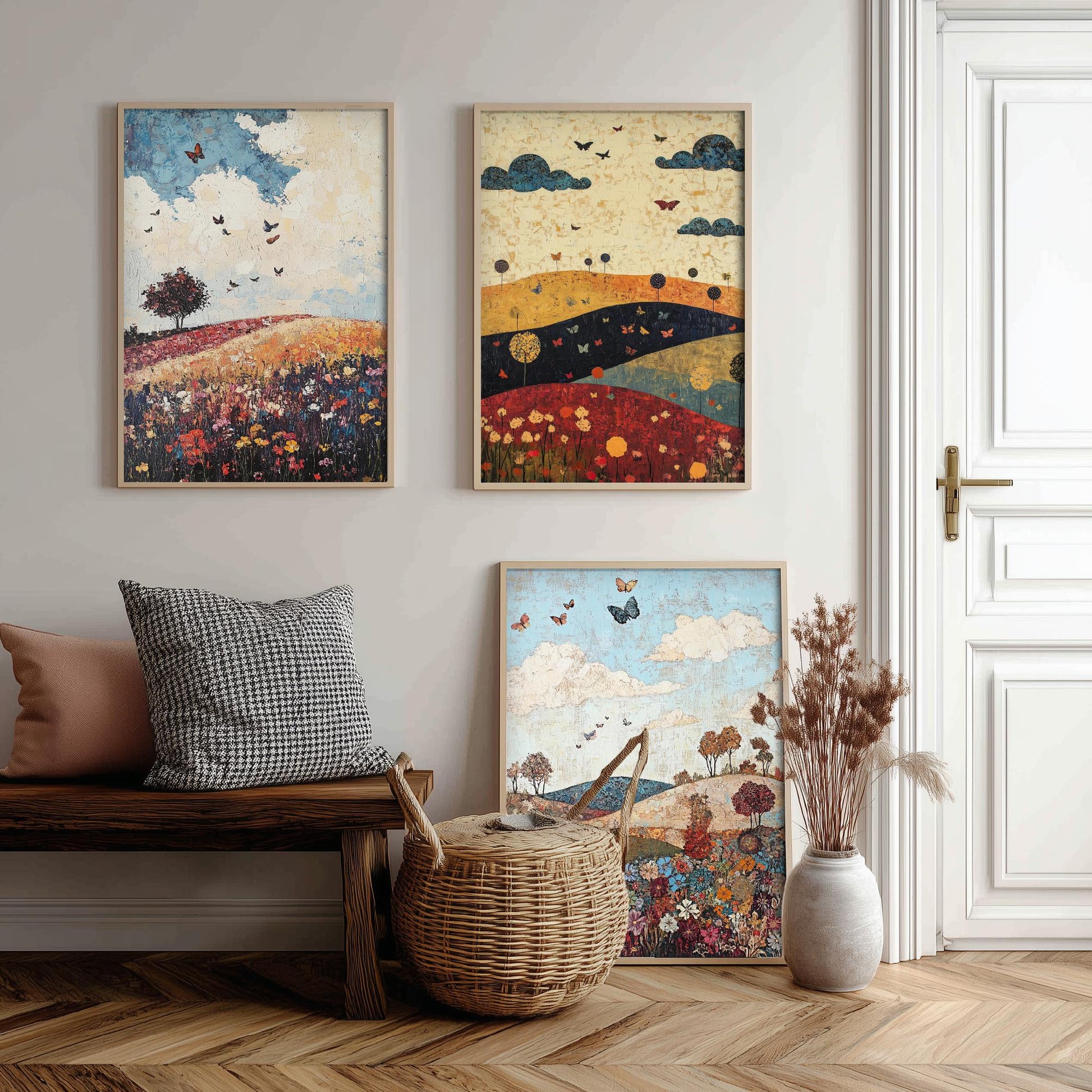 Rolling Hills Butterfly Set of Three Art Prints - Olive Maroon and Dark Blue - Folk Meadow Poster Illustration Gift