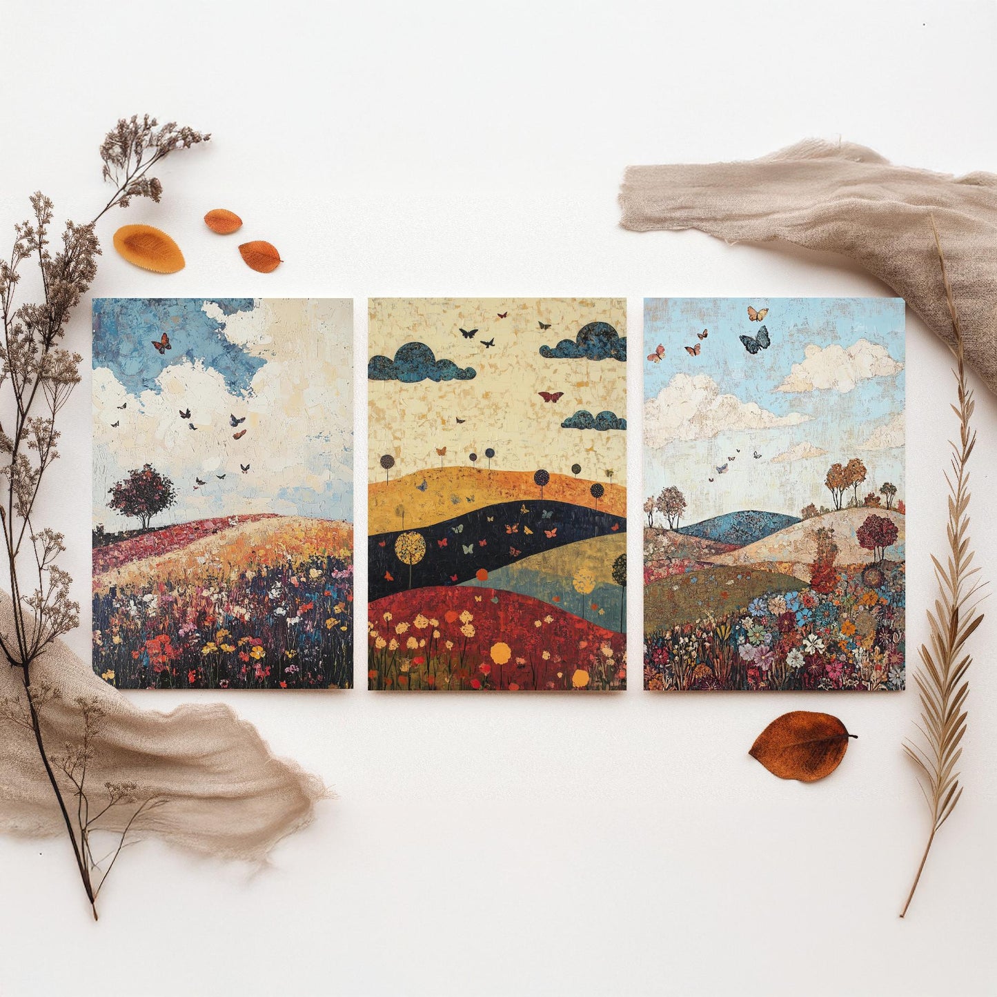 Rolling Hills Butterfly Set of Three Art Prints - Olive Maroon and Dark Blue - Folk Meadow Poster Illustration Gift
