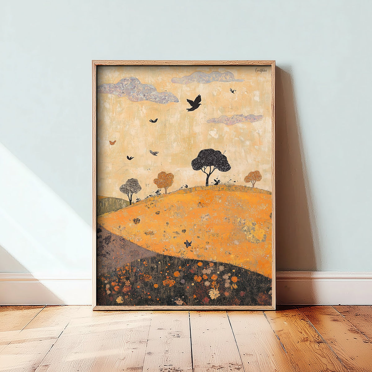 Rolling Hills Landscape Art Print - Butterfly Meadow Poster - Folk Art Painting - Papaya Graphite and Champagne 1/3