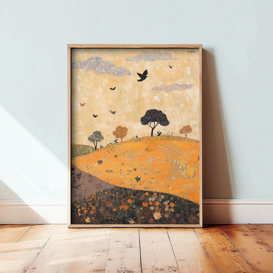 Rolling Hills Landscape Art Print - Butterfly Meadow Poster - Folk Art Painting - Papaya Graphite and Champagne 1/3