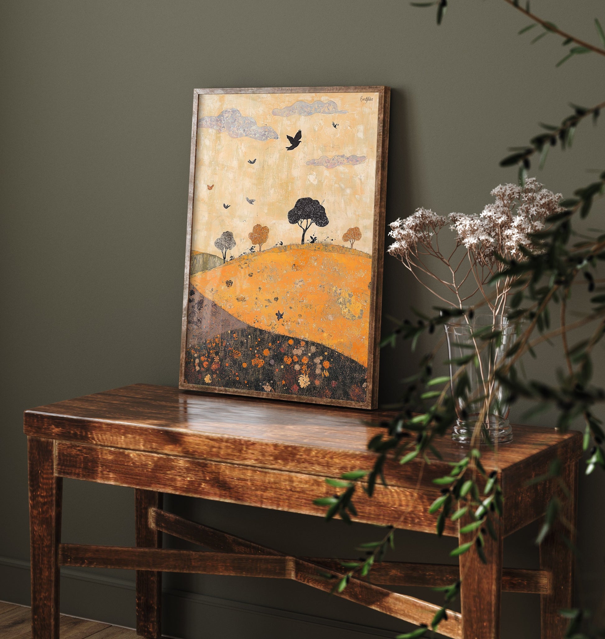 Rolling Hills Landscape Art Print - Butterfly Meadow Poster - Folk Art Painting - Papaya Graphite and Champagne 1/3
