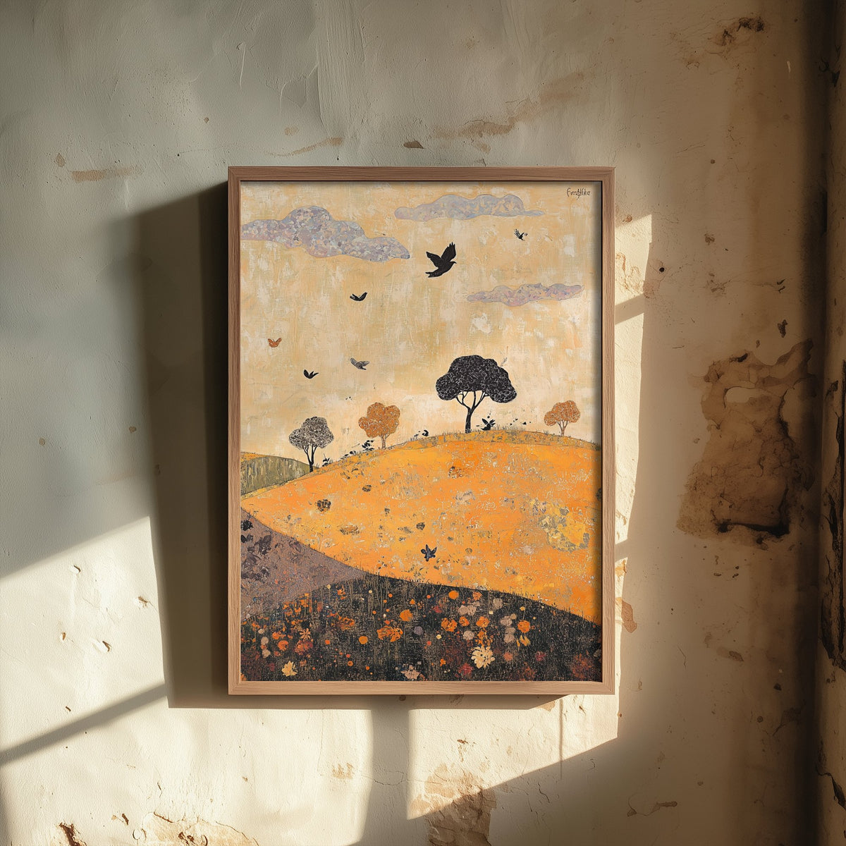 Rolling Hills Landscape Art Print - Butterfly Meadow Poster - Folk Art Painting - Papaya Graphite and Champagne 1/3