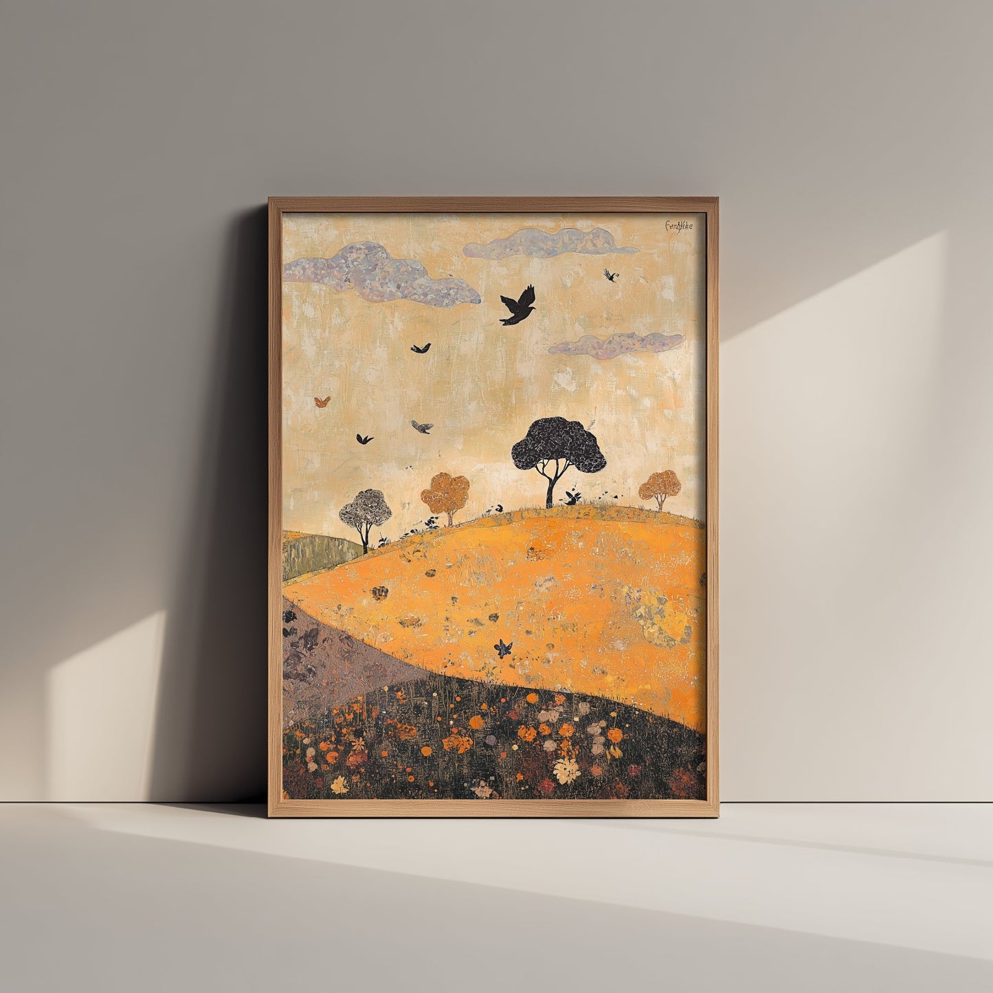 Rolling Hills Landscape Art Print - Butterfly Meadow Poster - Folk Art Painting - Papaya Graphite and Champagne 1/3