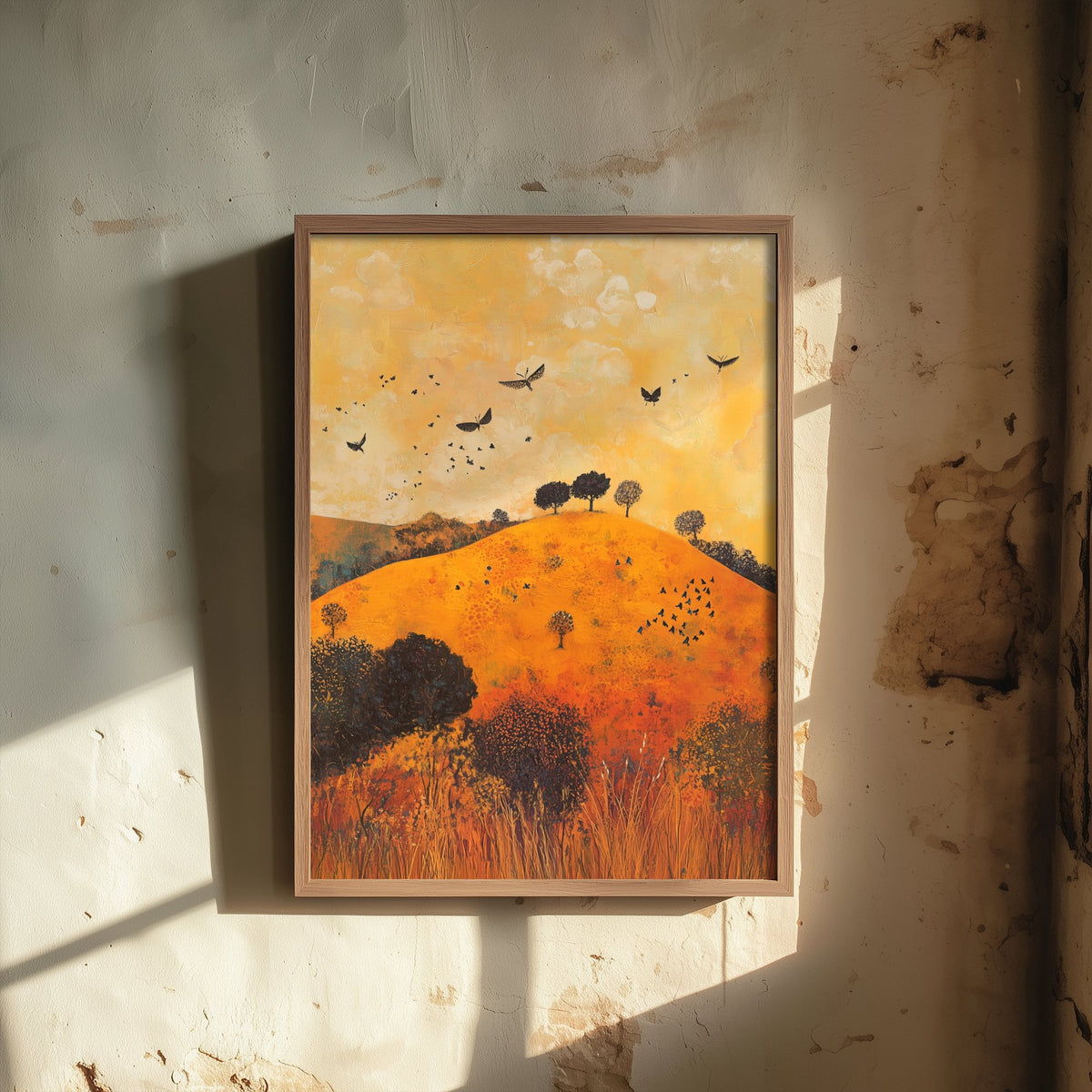 Rolling Hills Landscape Art Print - Butterfly Meadow Poster - Folk Art Painting - Papaya Graphite and Champagne 2/3