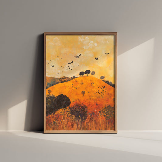 Rolling Hills Landscape Art Print - Butterfly Meadow Poster - Folk Art Painting - Papaya Graphite and Champagne 2/3