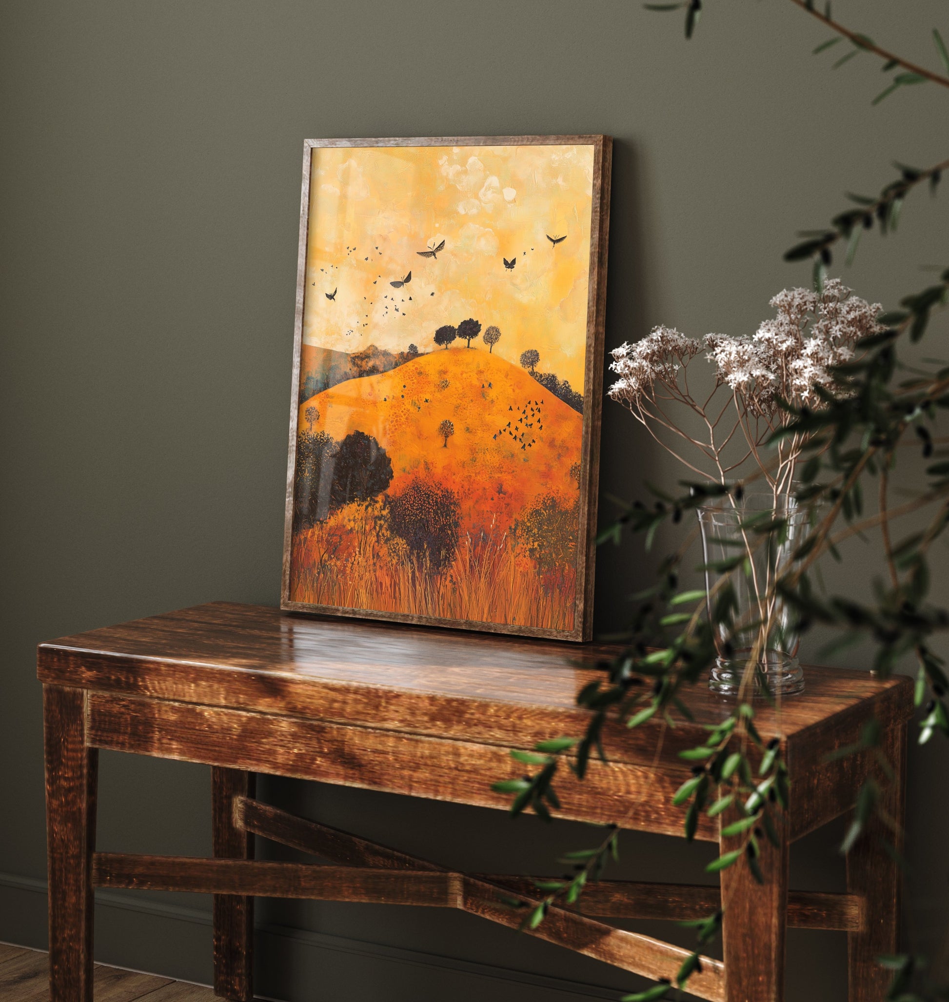 Rolling Hills Landscape Art Print - Butterfly Meadow Poster - Folk Art Painting - Papaya Graphite and Champagne 2/3