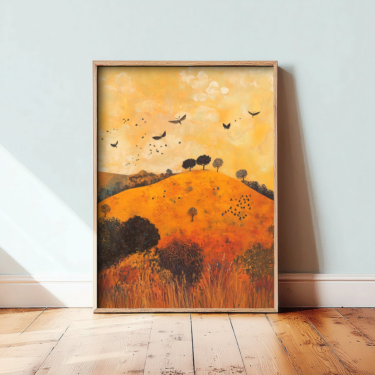 Rolling Hills Landscape Art Print - Butterfly Meadow Poster - Folk Art Painting - Papaya Graphite and Champagne 2/3