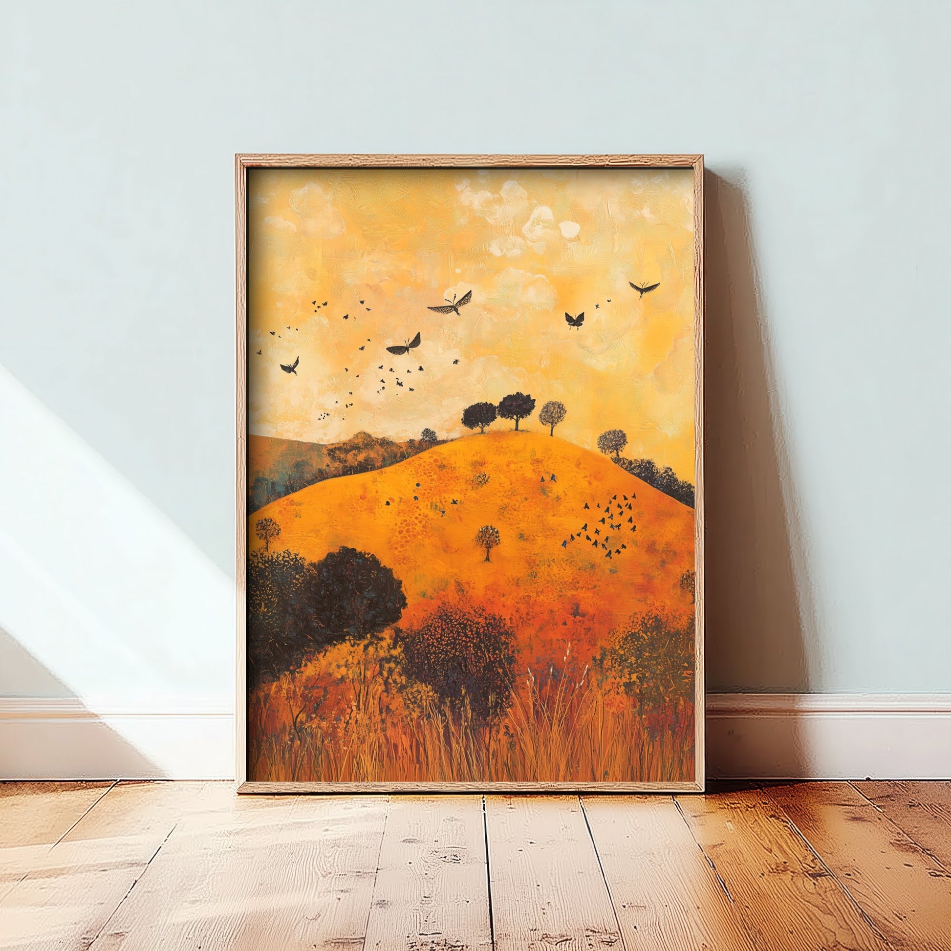 Rolling Hills Landscape Art Print - Butterfly Meadow Poster - Folk Art Painting - Papaya Graphite and Champagne 2/3