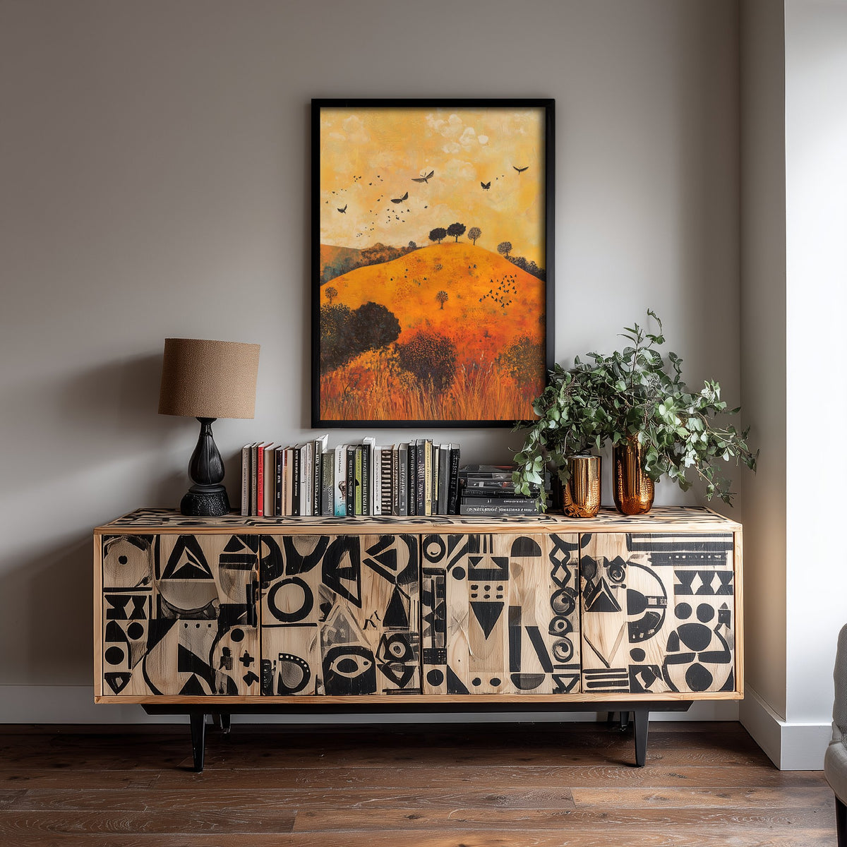 Rolling Hills Landscape Art Print - Butterfly Meadow Poster - Folk Art Painting - Papaya Graphite and Champagne 2/3