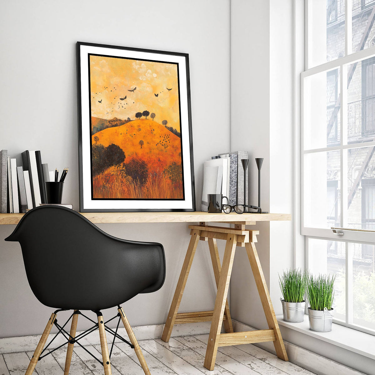 Rolling Hills Landscape Art Print - Butterfly Meadow Poster - Folk Art Painting - Papaya Graphite and Champagne 2/3
