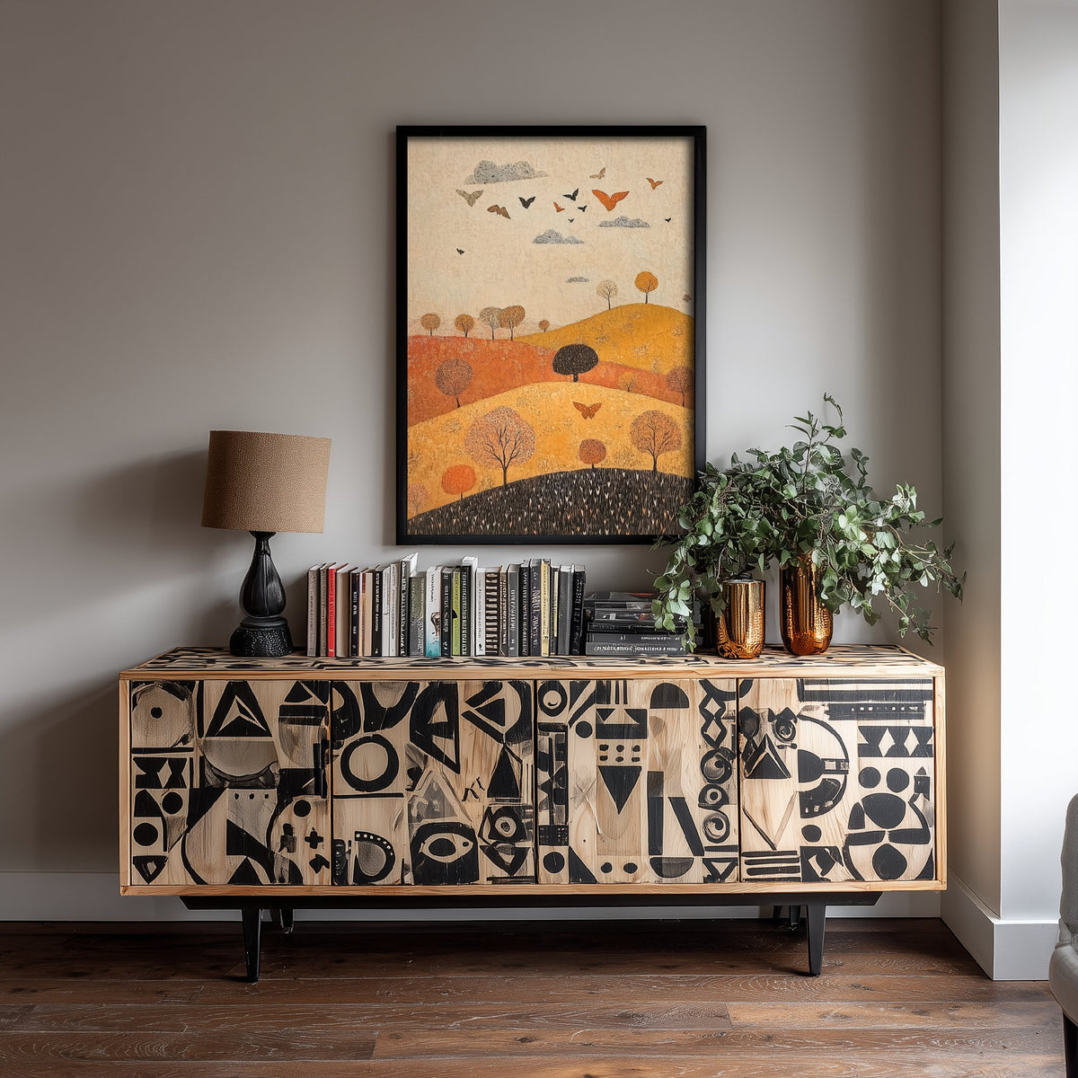 Rolling Hills Landscape Art Print - Butterfly Meadow Poster - Folk Art Painting - Papaya Graphite and Champagne 3/3